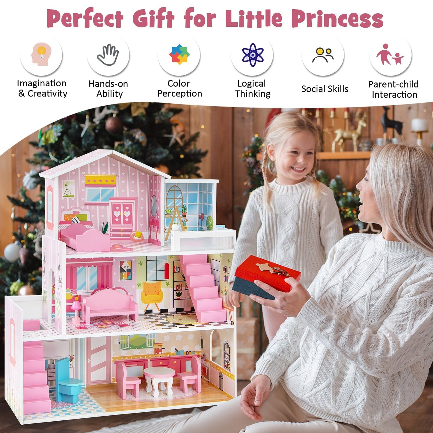 Kids Wooden Dollhouse Playset with 5 Simulated Rooms and 10 Pieces of Furniture, Pink