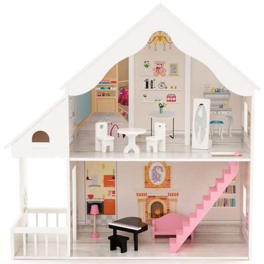 Semi-Opened DIY Dollhouse with Simulated Rooms and Furniture Set, White - Gallery Canada