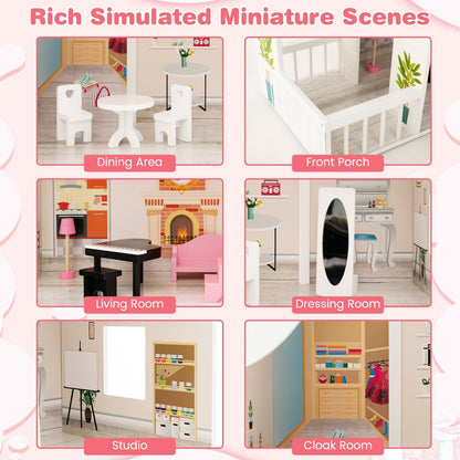 Semi-Opened DIY Dollhouse with Simulated Rooms and Furniture Set, White