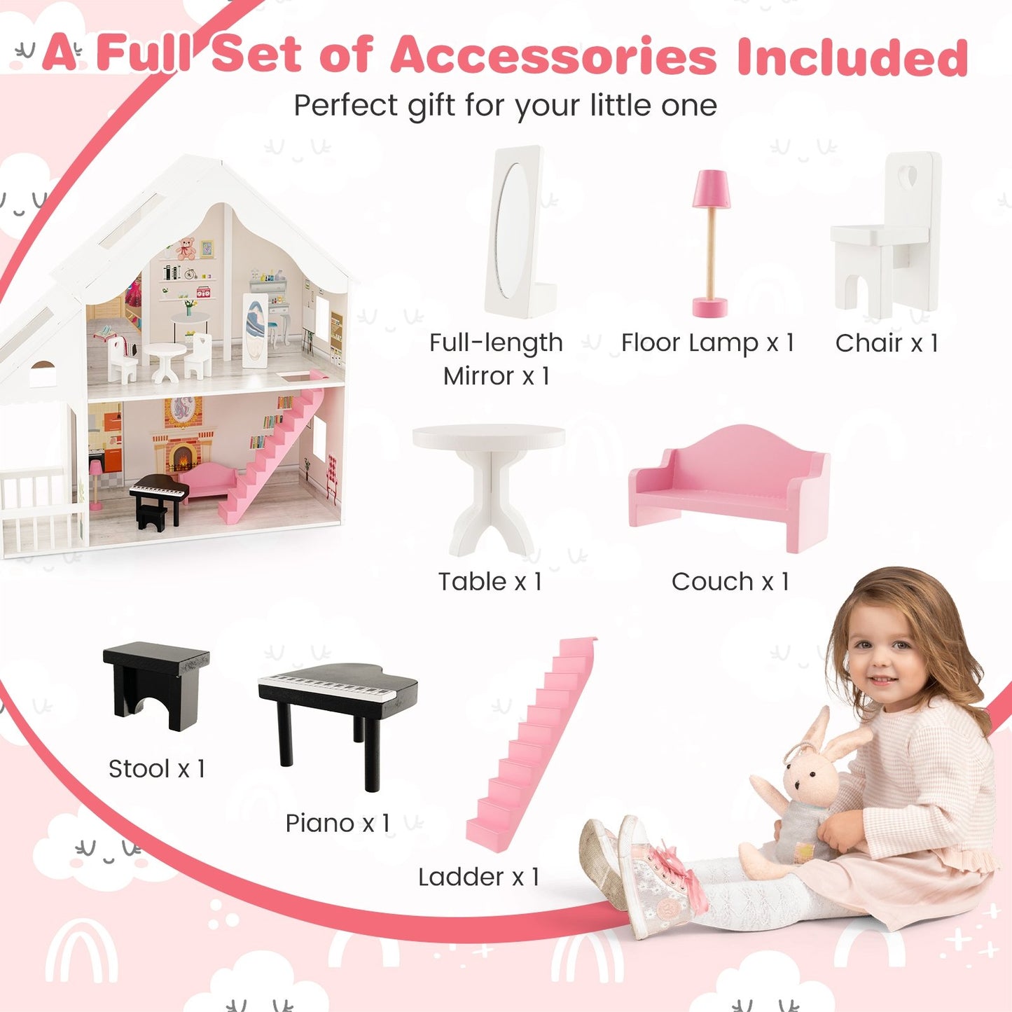 Semi-Opened DIY Dollhouse with Simulated Rooms and Furniture Set, White