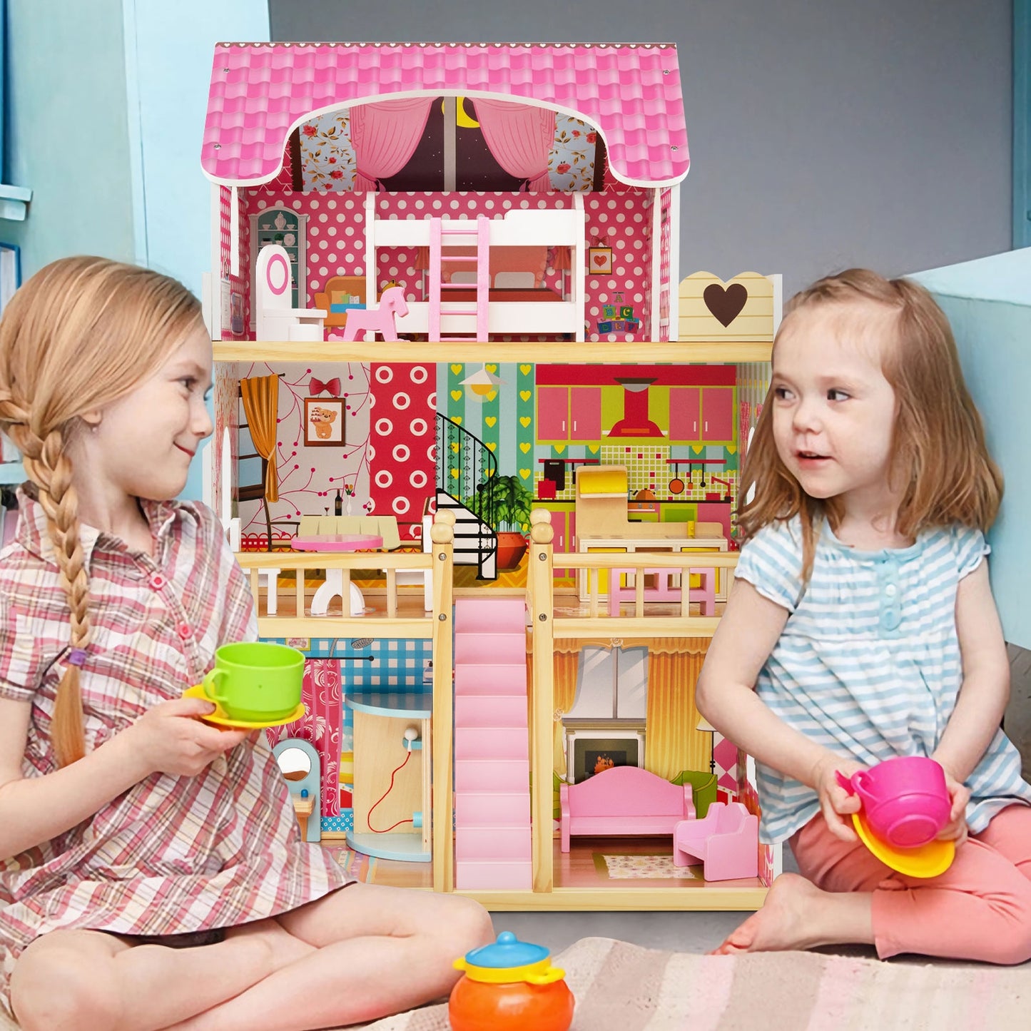 Doll House Playset with 3 Stories and 6 Simulated Rooms and 15 Pieces of Furniture, Pink Play Tents & Playhouse at Gallery Canada