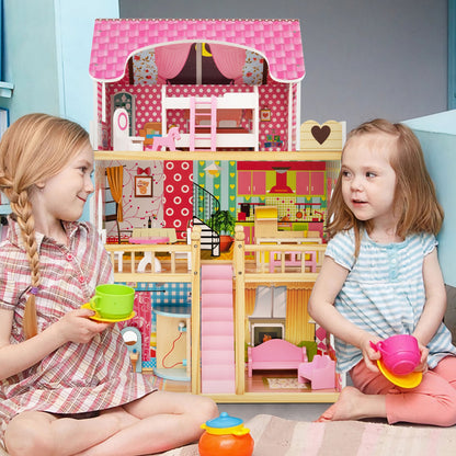 Doll House Playset with 3 Stories and 6 Simulated Rooms and 15 Pieces of Furniture, Pink Play Tents & Playhouse at Gallery Canada