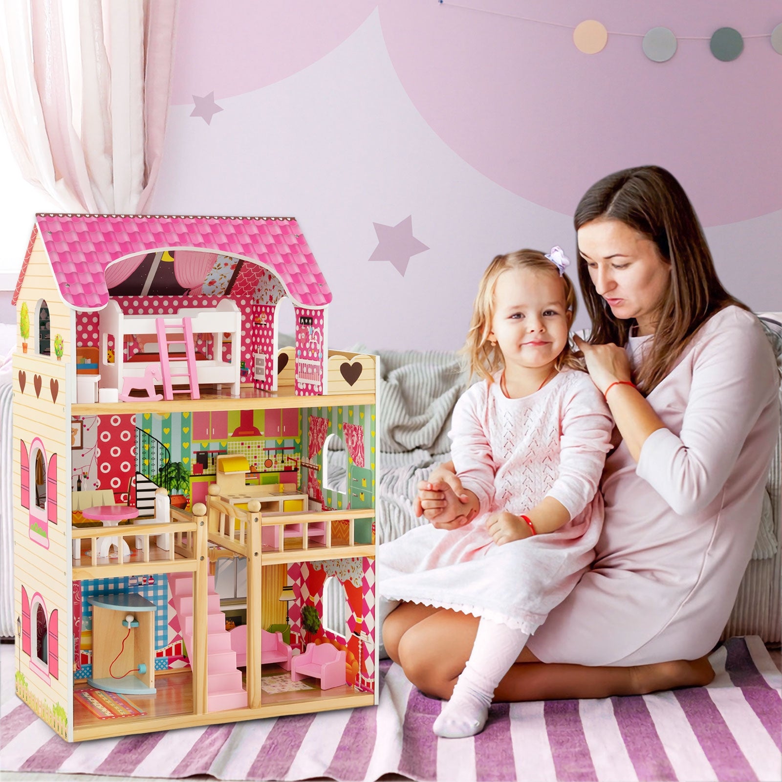Doll House Playset with 3 Stories and 6 Simulated Rooms and 15 Pieces of Furniture, Pink Play Tents & Playhouse at Gallery Canada