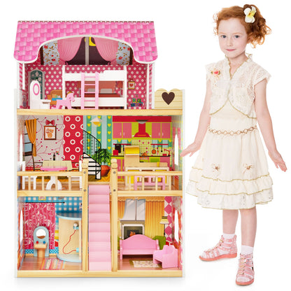 Doll House Playset with 3 Stories and 6 Simulated Rooms and 15 Pieces of Furniture, Pink Play Tents & Playhouse at Gallery Canada