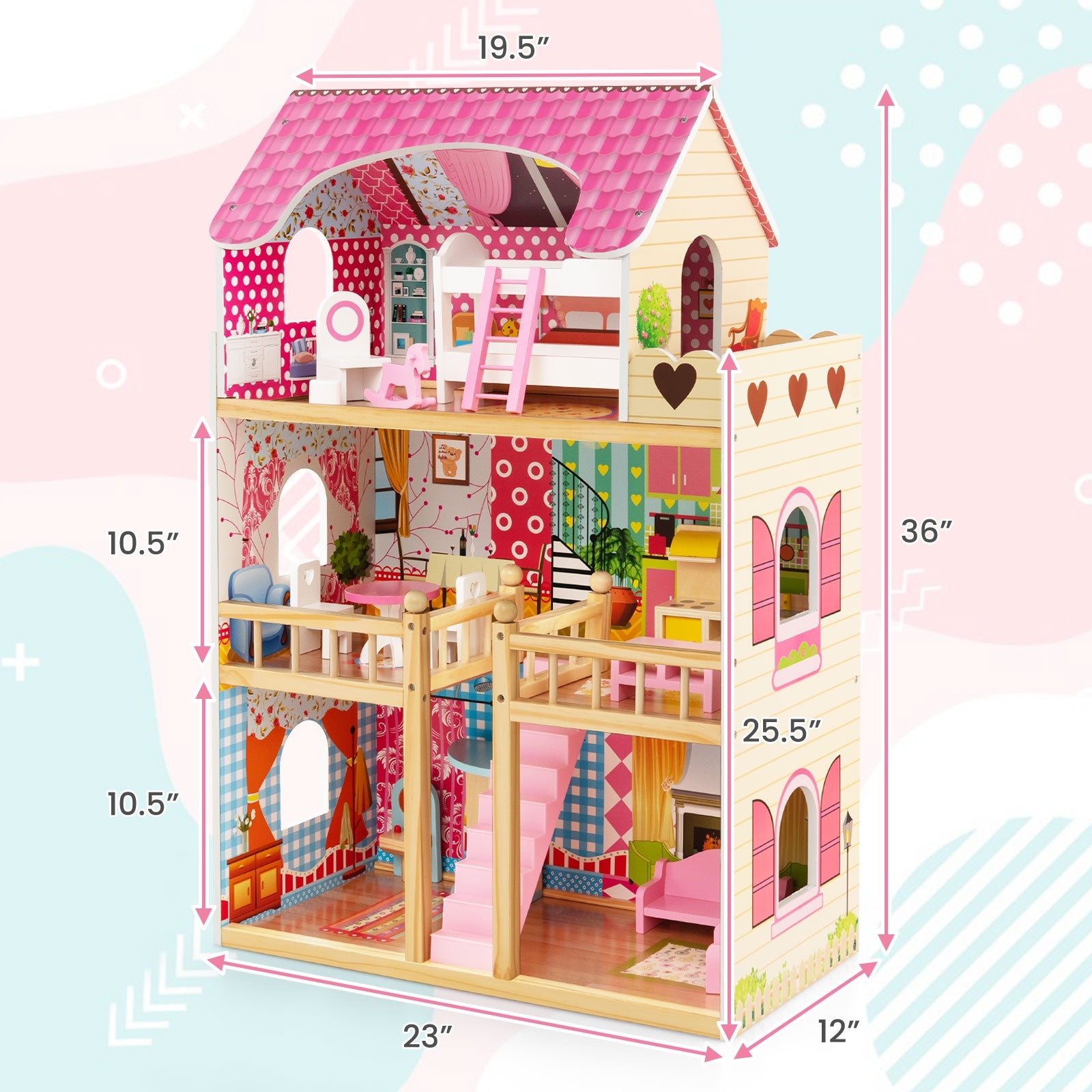 Doll House Playset with 3 Stories and 6 Simulated Rooms and 15 Pieces of Furniture, Pink Play Tents & Playhouse at Gallery Canada