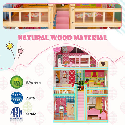 Doll House Playset with 3 Stories and 6 Simulated Rooms and 15 Pieces of Furniture, Pink Play Tents & Playhouse at Gallery Canada