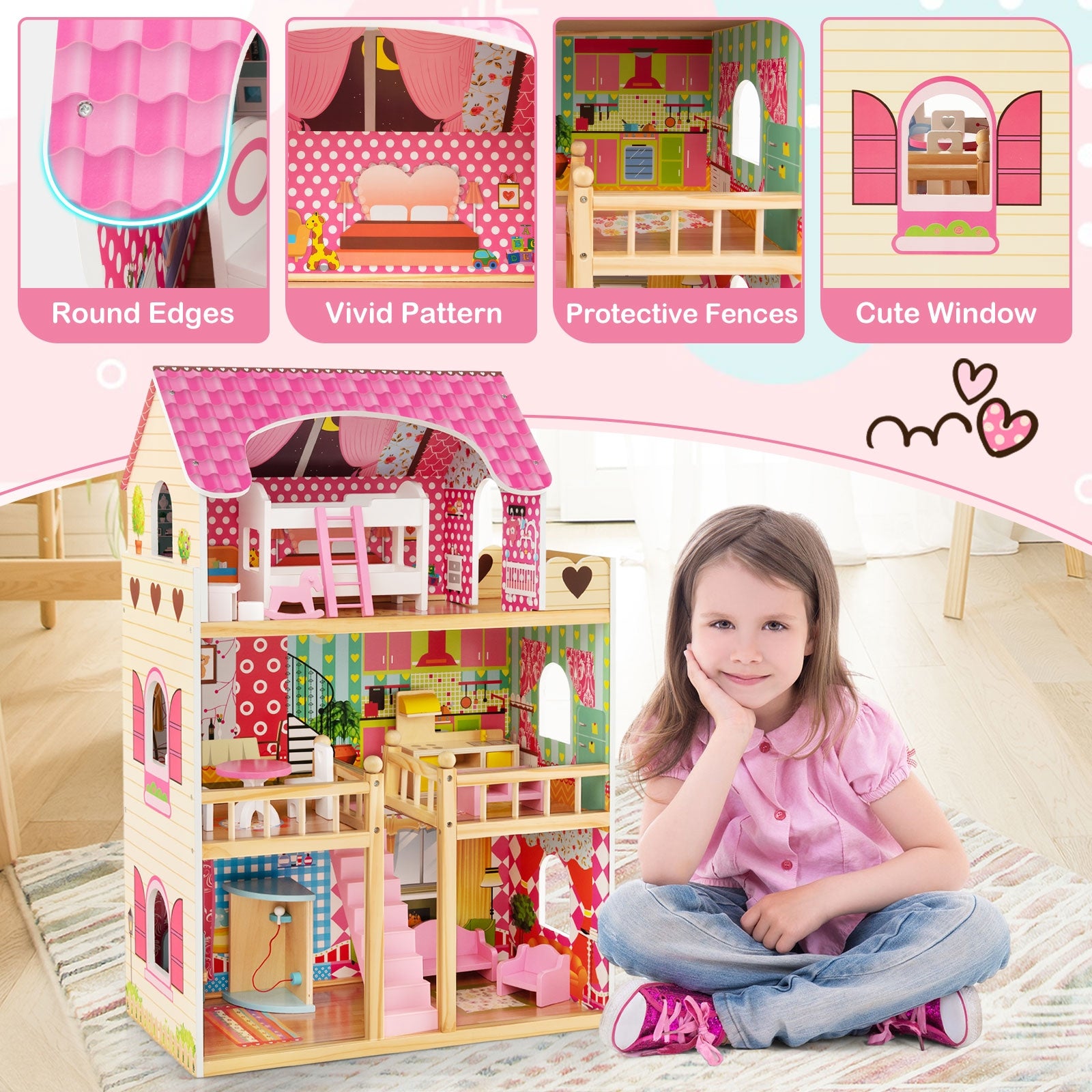 Doll House Playset with 3 Stories and 6 Simulated Rooms and 15 Pieces of Furniture, Pink Play Tents & Playhouse at Gallery Canada