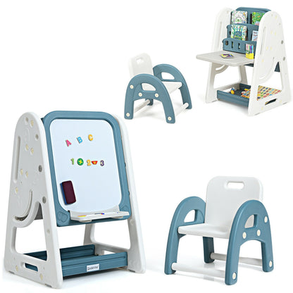 2-in-1 Kids Easel Desk Chair Set Book Rack Adjustable Art Painting Board, Blue Art Easels at Gallery Canada