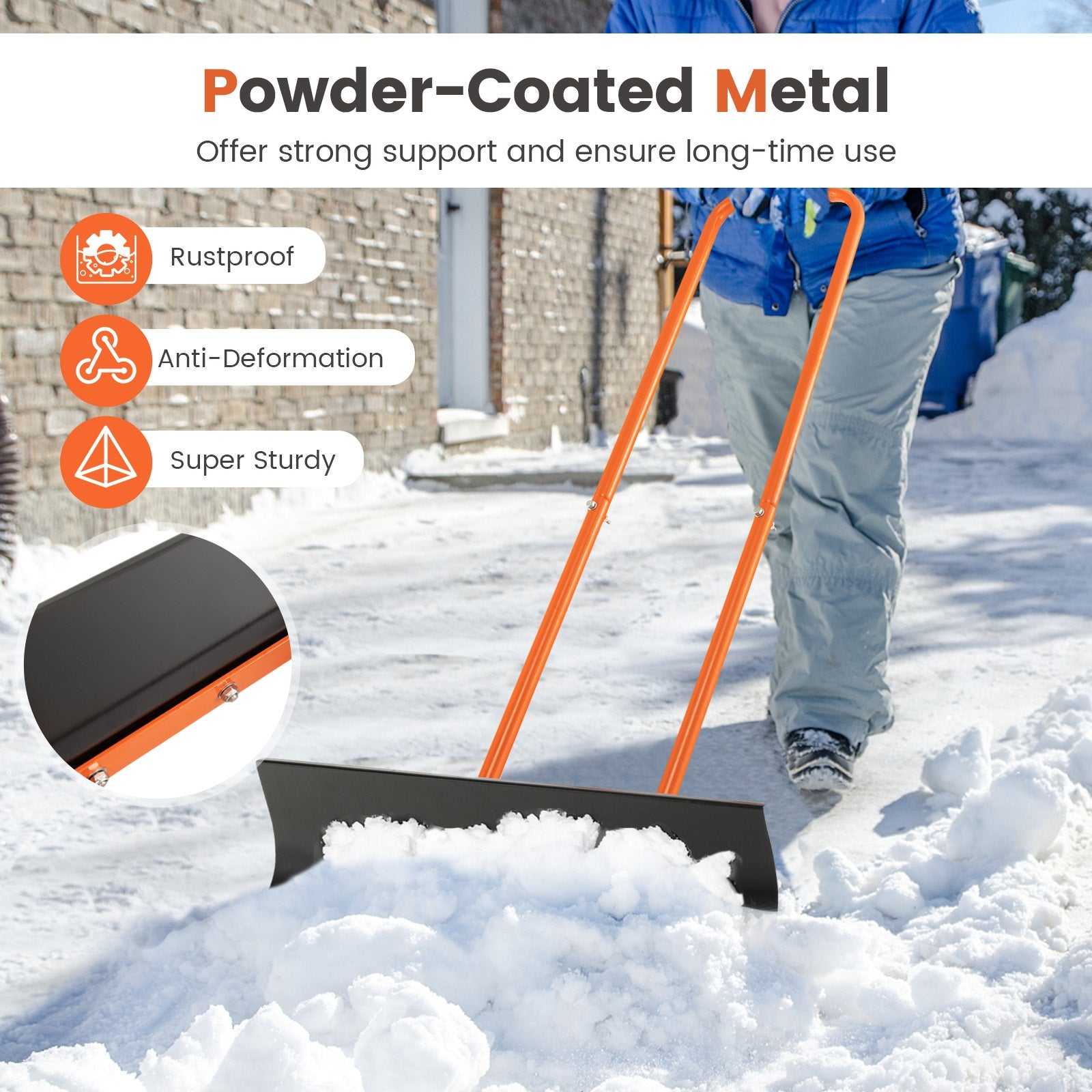 Snow Shovel with Wheels with 30 Inches Wide Blade and Adjustable Handle, Orange Snow Removal at Gallery Canada
