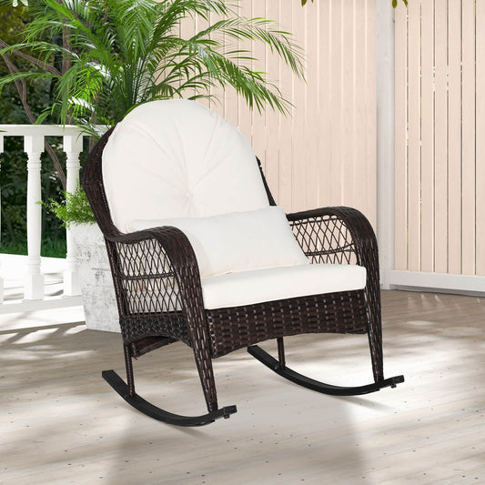 Patio Rattan Rocking Chair with Seat Back Cushions and Waist Pillow, White - Gallery Canada