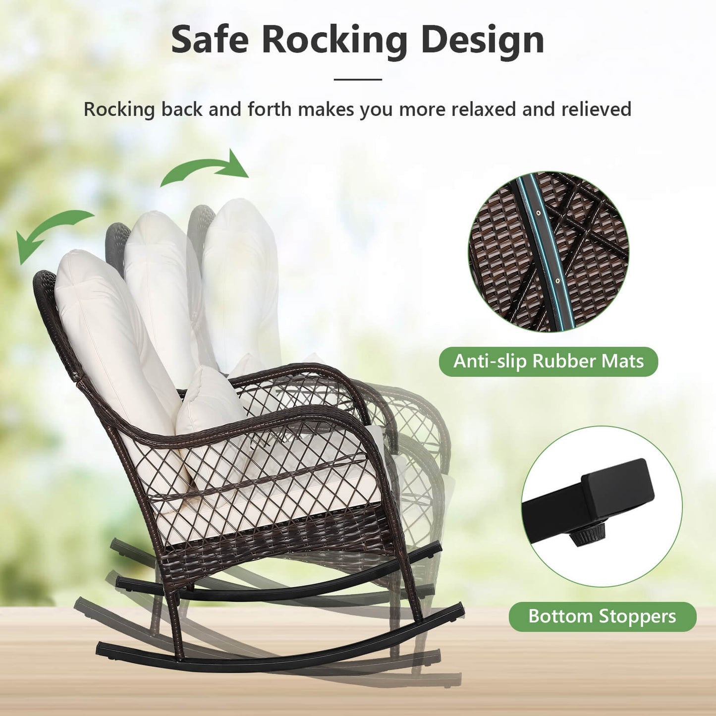 Patio Rattan Rocking Chair with Seat Back Cushions and Waist Pillow, White Patio Rocking Chairs & Gliders at Gallery Canada
