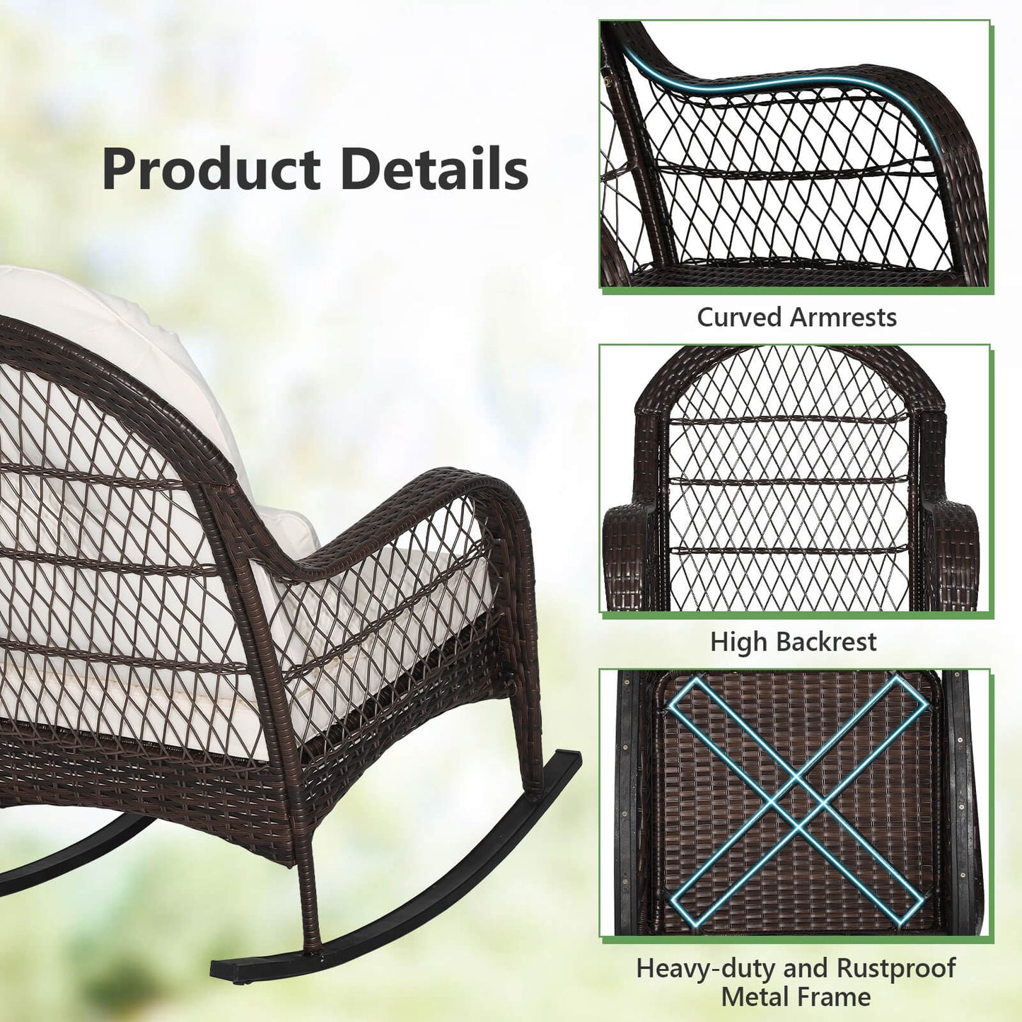 Patio Rattan Rocking Chair with Seat Back Cushions and Waist Pillow, White Patio Rocking Chairs & Gliders at Gallery Canada