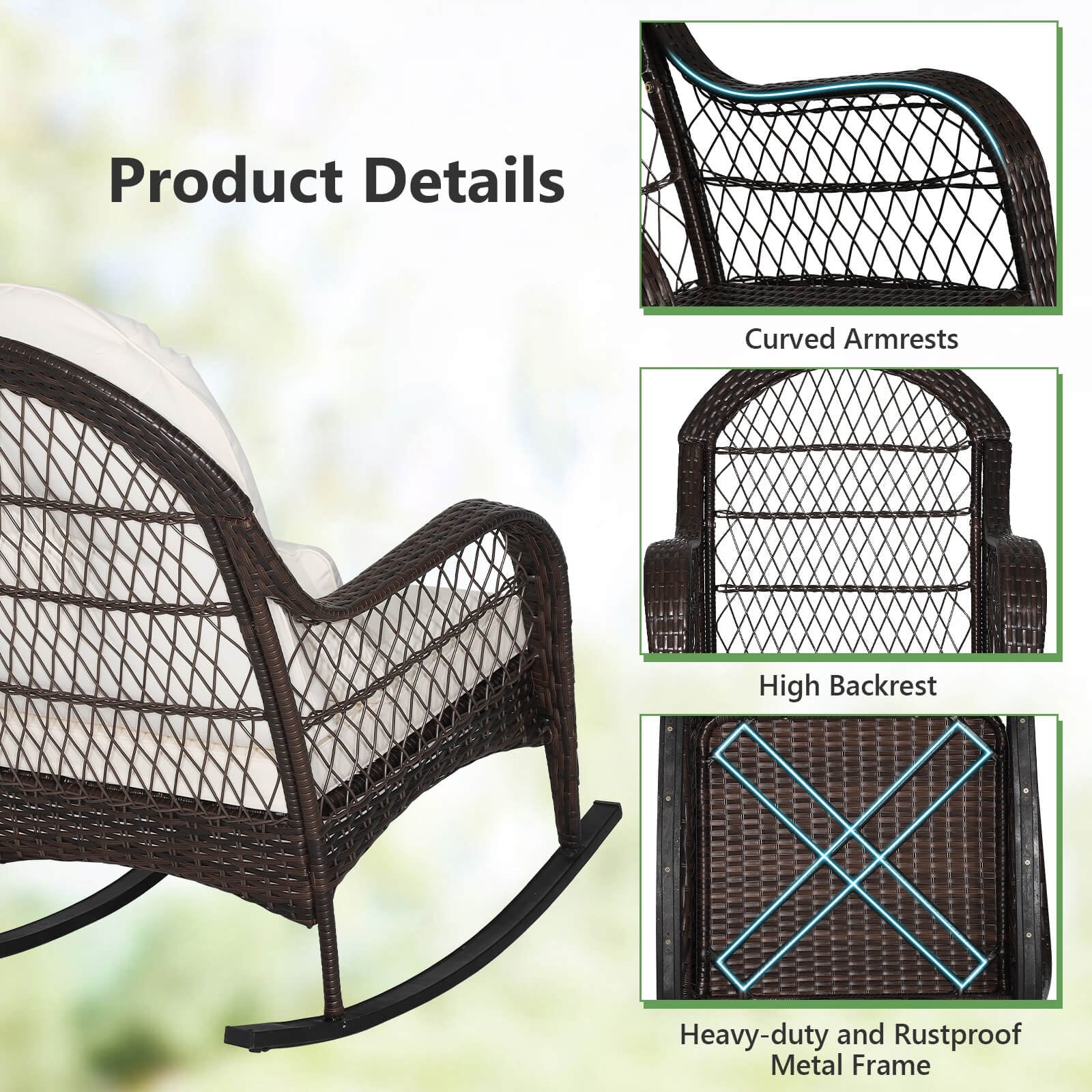 Patio Rattan Rocking Chair with Seat Back Cushions and Waist Pillow, White Patio Rocking Chairs & Gliders at Gallery Canada