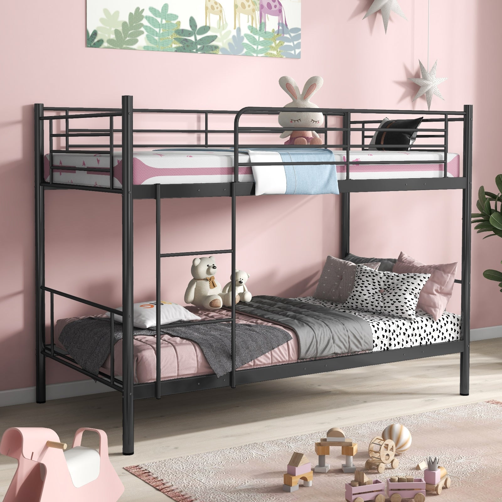 Metal Bunk Bed with Ladder and Full-length Guardrails, Black Bunk Bed Frame at Gallery Canada