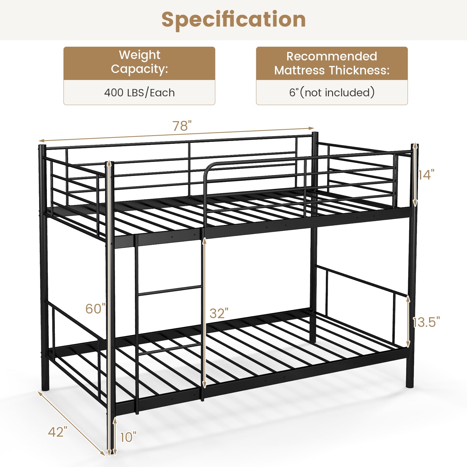 Metal Bunk Bed with Ladder and Full-length Guardrails, Black Bunk Bed Frame at Gallery Canada