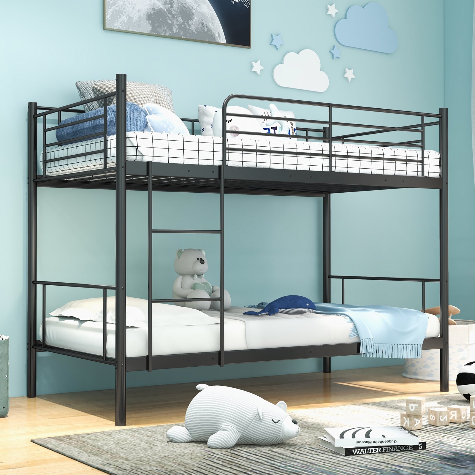 Metal Bunk Bed with Ladder and Full-length Guardrails, Black Bunk Bed Frame at Gallery Canada