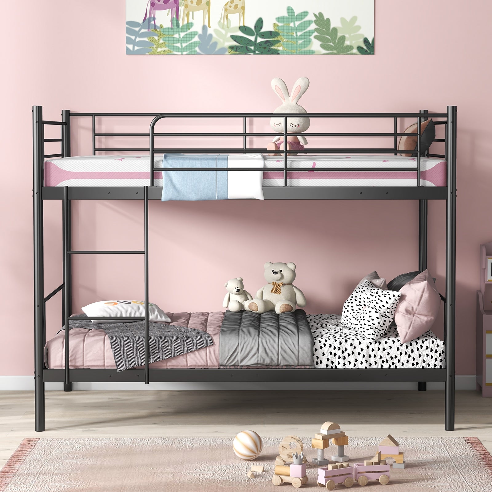 Metal Bunk Bed with Ladder and Full-length Guardrails, Black Bunk Bed Frame at Gallery Canada