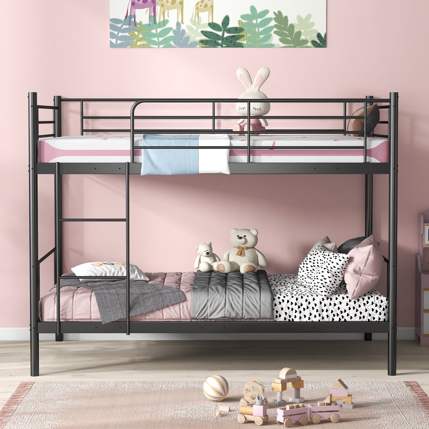 Metal Bunk Bed with Ladder and Full-length Guardrails, Black Bunk Bed Frame at Gallery Canada
