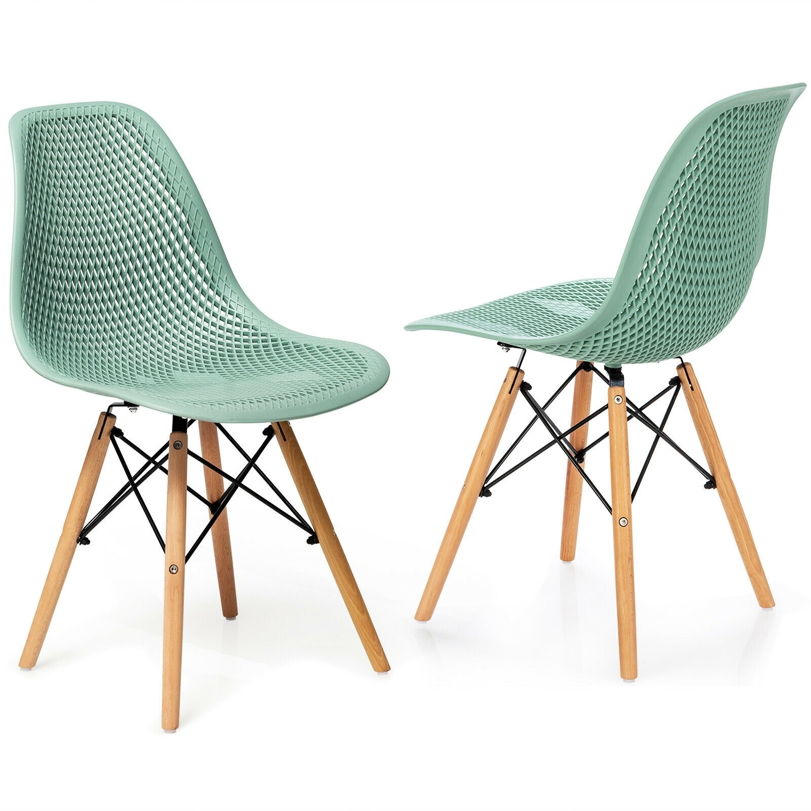 2 Pcs Modern Plastic Hollow Chair Set, Wood Leg, Green Dining Chairs Green at Gallery Canada