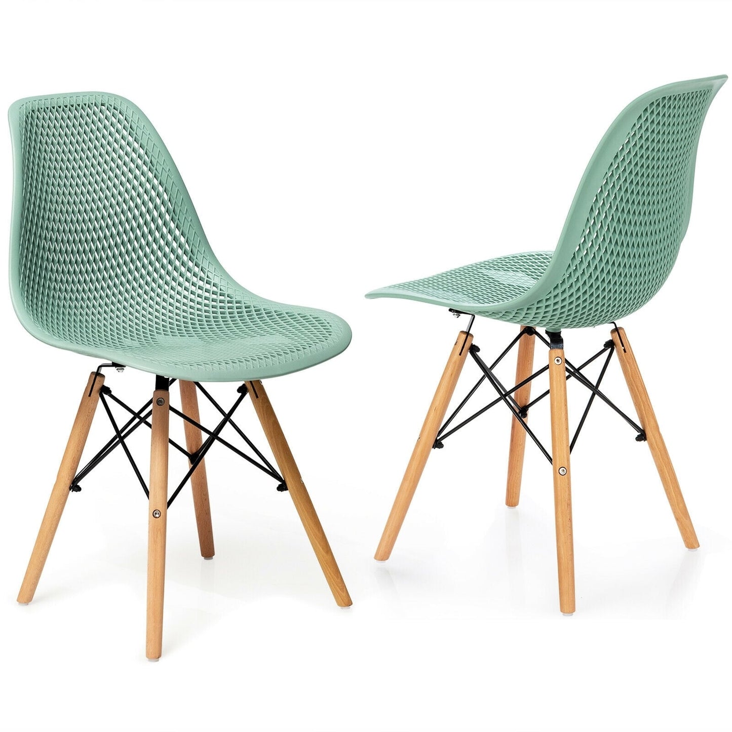 2 Pcs Modern Plastic Hollow Chair Set, Wood Leg, Green