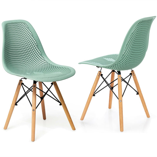 2 Pcs Modern Plastic Hollow Chair Set, Wood Leg, Green