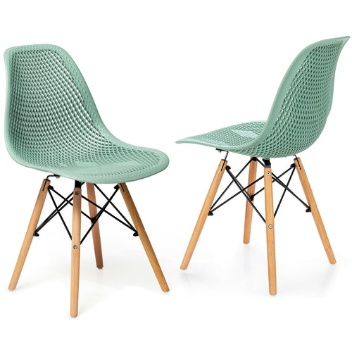 2 Pcs Modern Plastic Hollow Chair Set with Wood Leg, Green