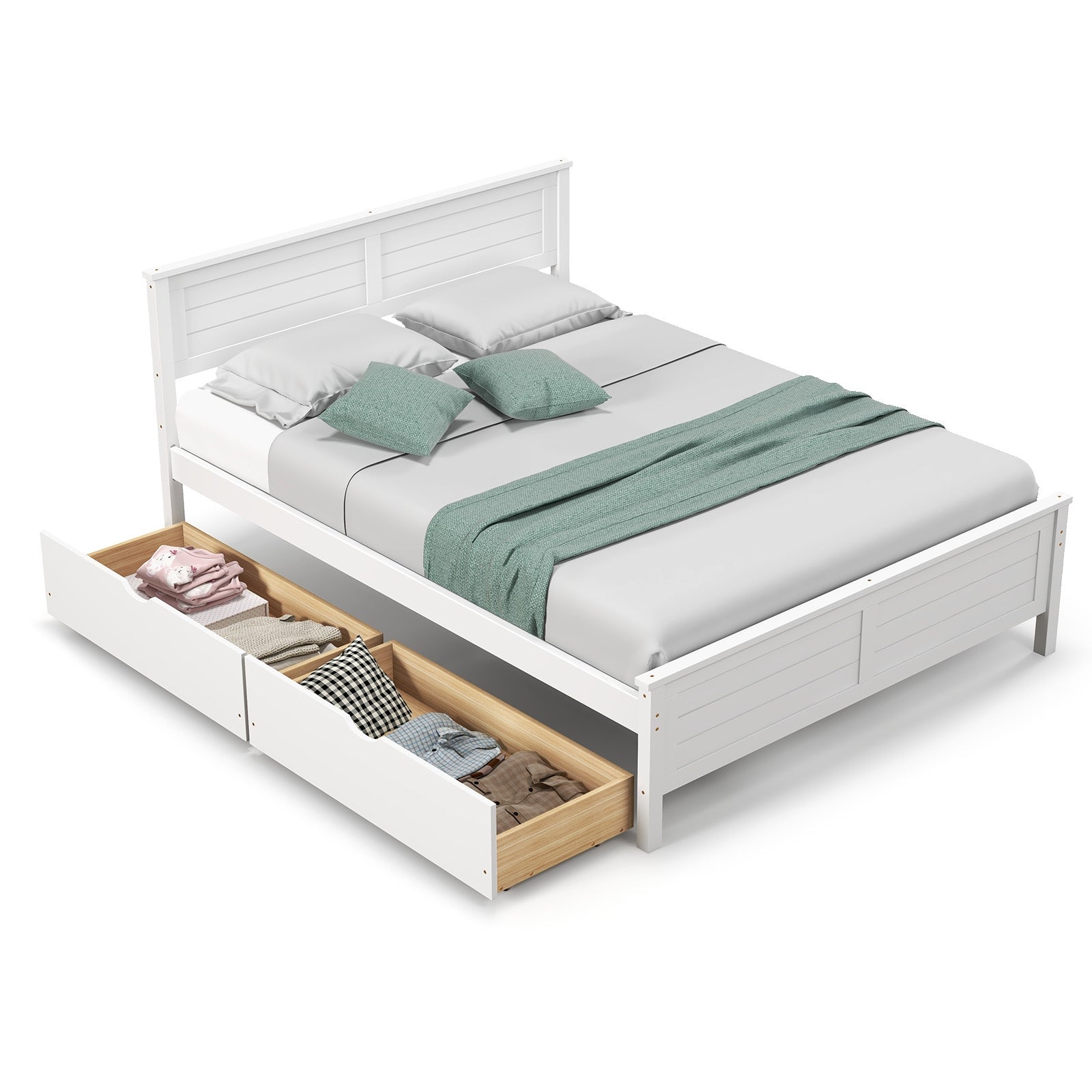 Full Size Bed Frame With Storage Drawers, Solid Wood Headboard, White Simple Bed Frame at Gallery Canada