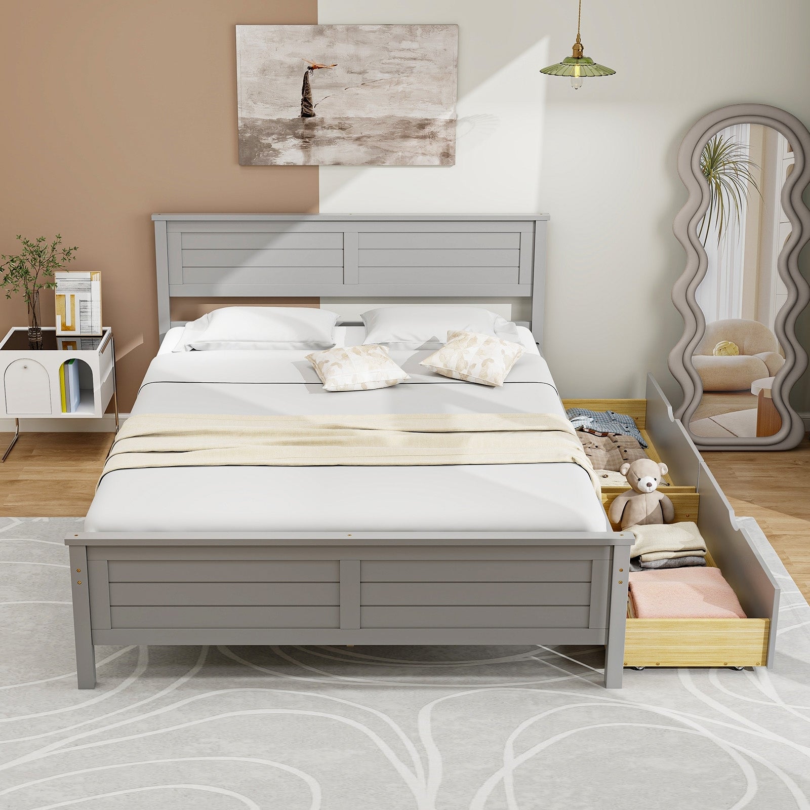 Full Size Bed Frame with Storage Drawers and Solid Wood Headboard, Gray Simple Bed Frame at Gallery Canada