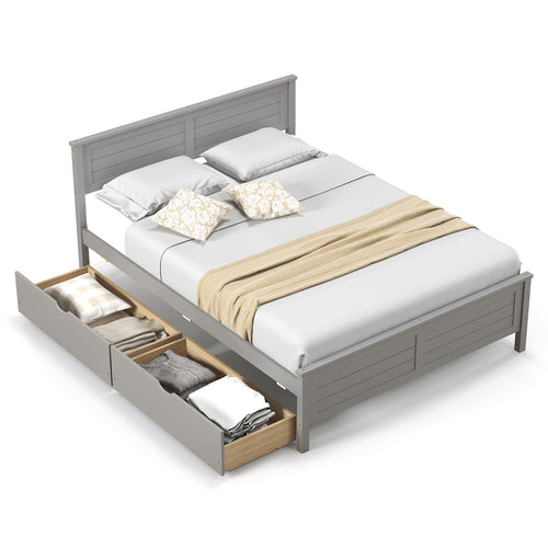 Full Size Bed Frame With Storage Drawers, Solid Wood Headboard, Gray