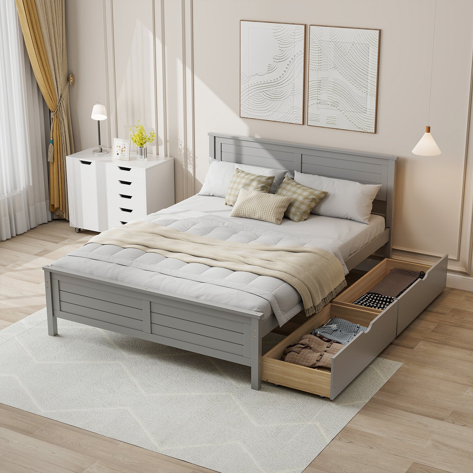 Full Size Bed Frame with Storage Drawers and Solid Wood Headboard, Gray Simple Bed Frame at Gallery Canada