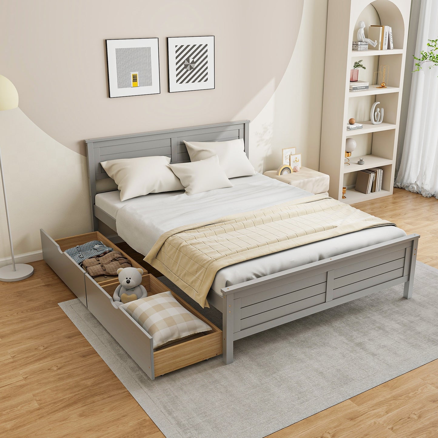 Full Size Bed Frame with Storage Drawers and Solid Wood Headboard, Gray Simple Bed Frame at Gallery Canada