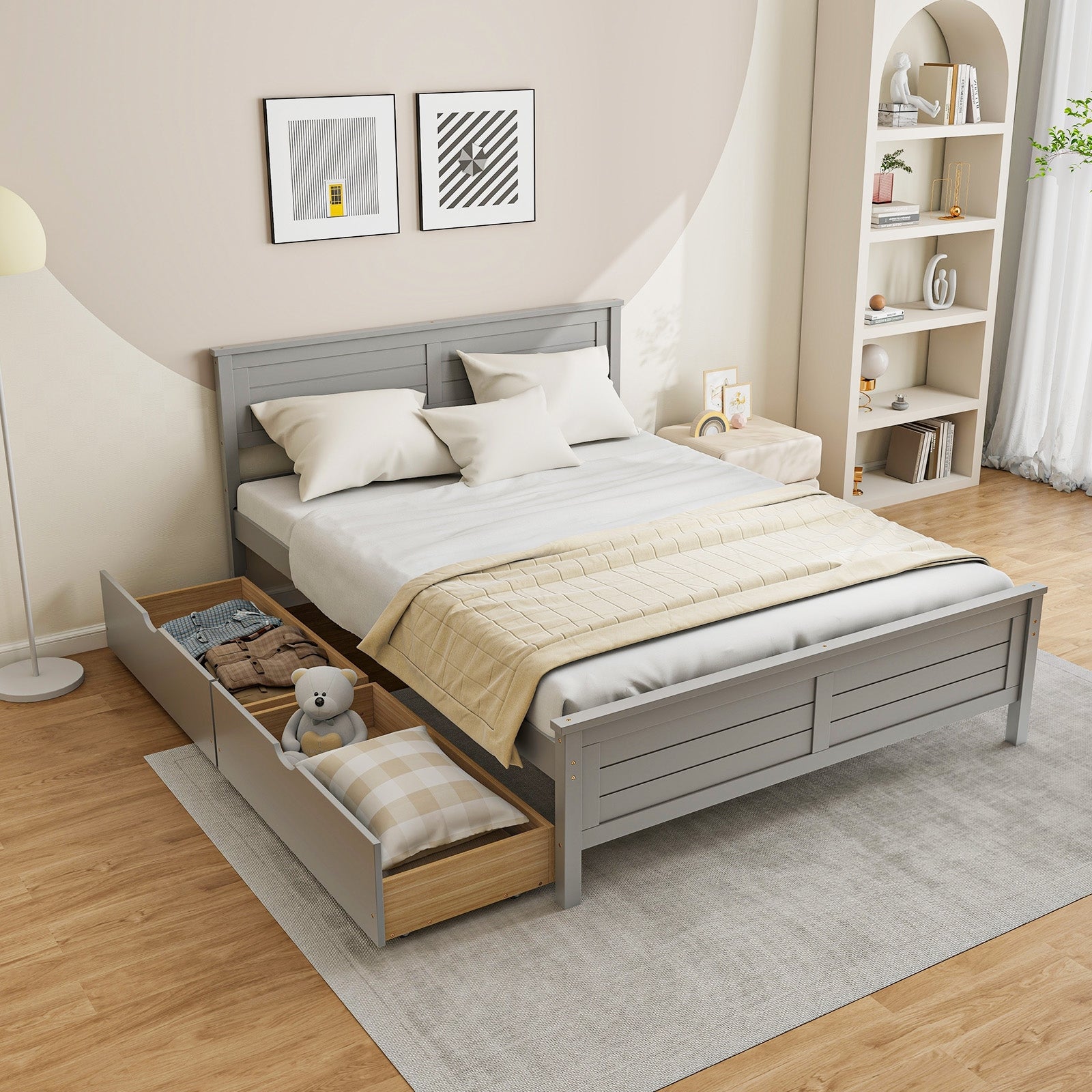 Full Size Bed Frame with Storage Drawers and Solid Wood Headboard, Gray Simple Bed Frame at Gallery Canada