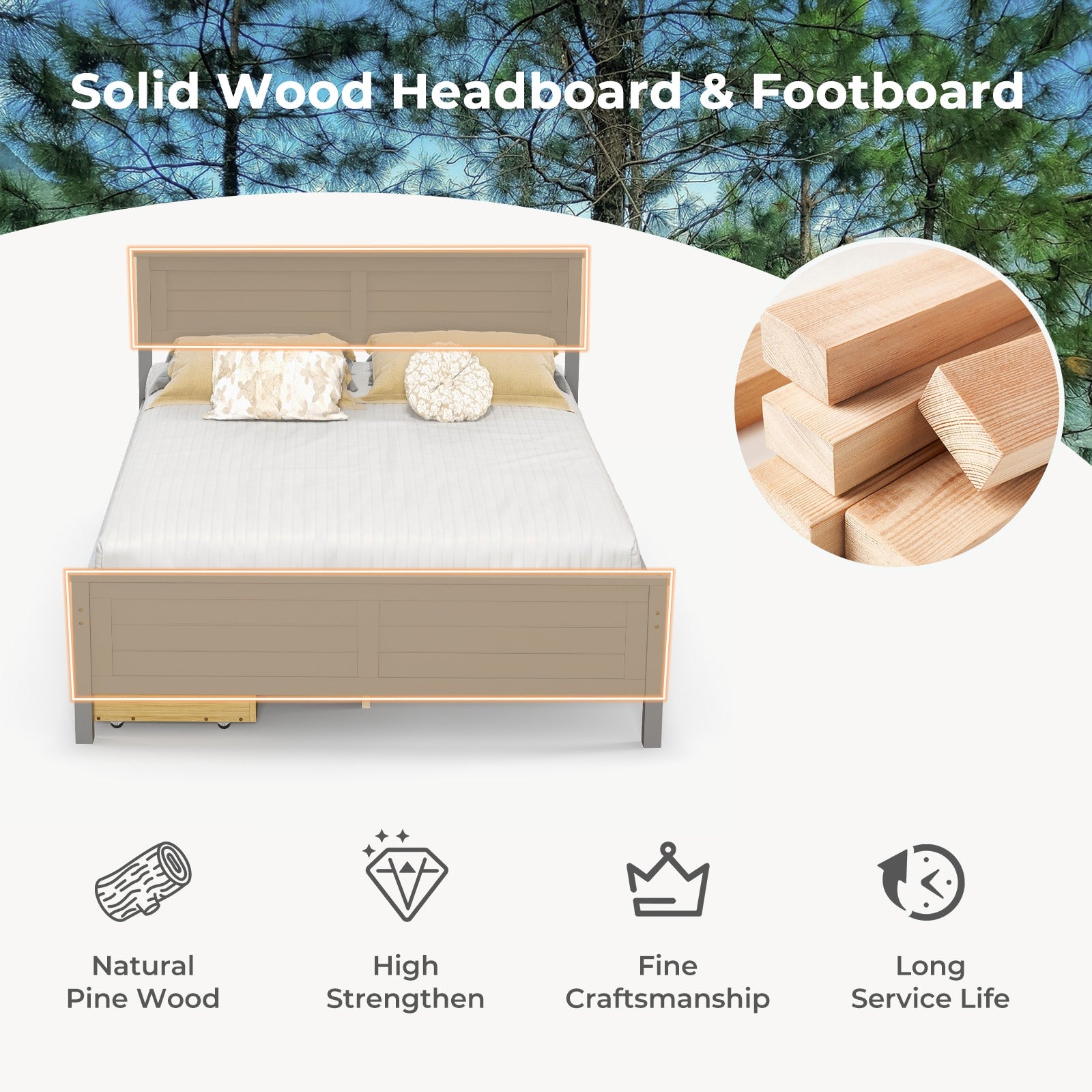 Full Size Bed Frame with Storage Drawers and Solid Wood Headboard, Gray Simple Bed Frame at Gallery Canada