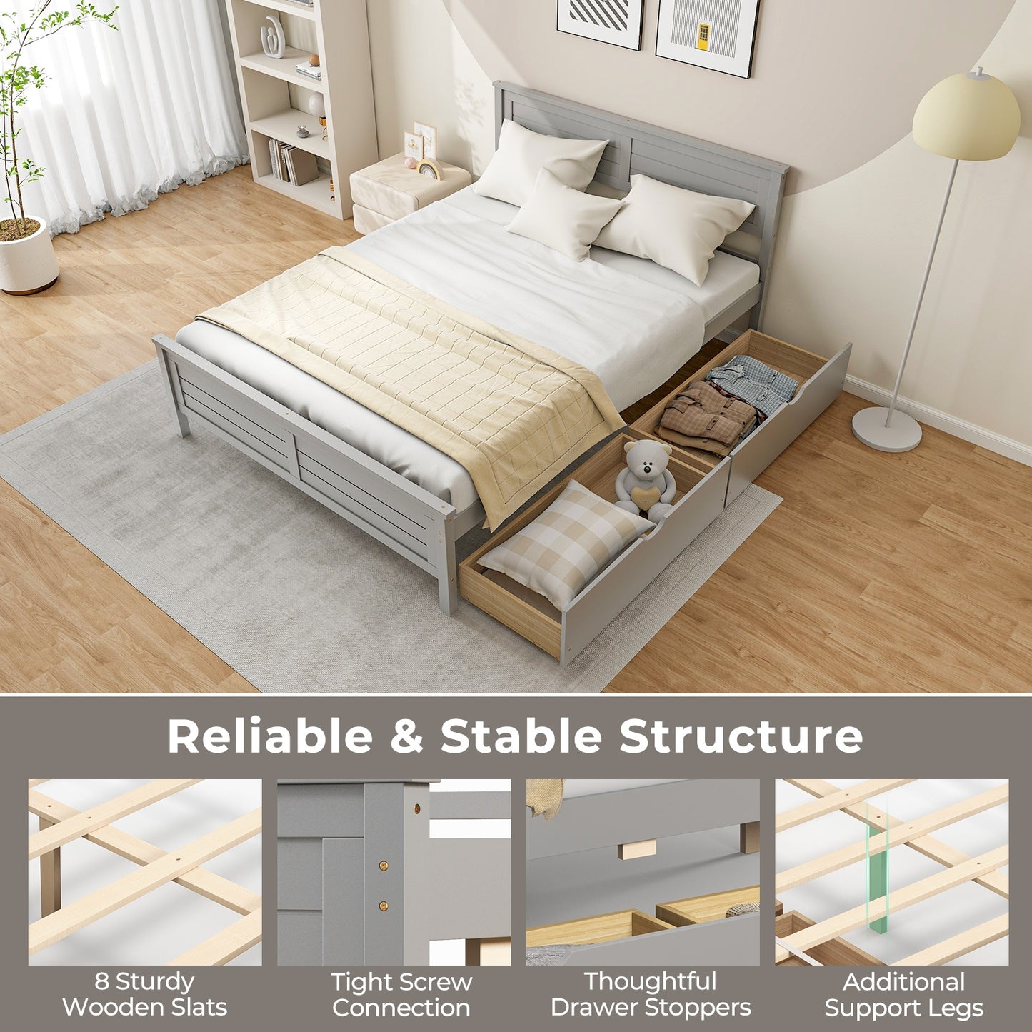 Full Size Bed Frame with Storage Drawers and Solid Wood Headboard, Gray Simple Bed Frame at Gallery Canada