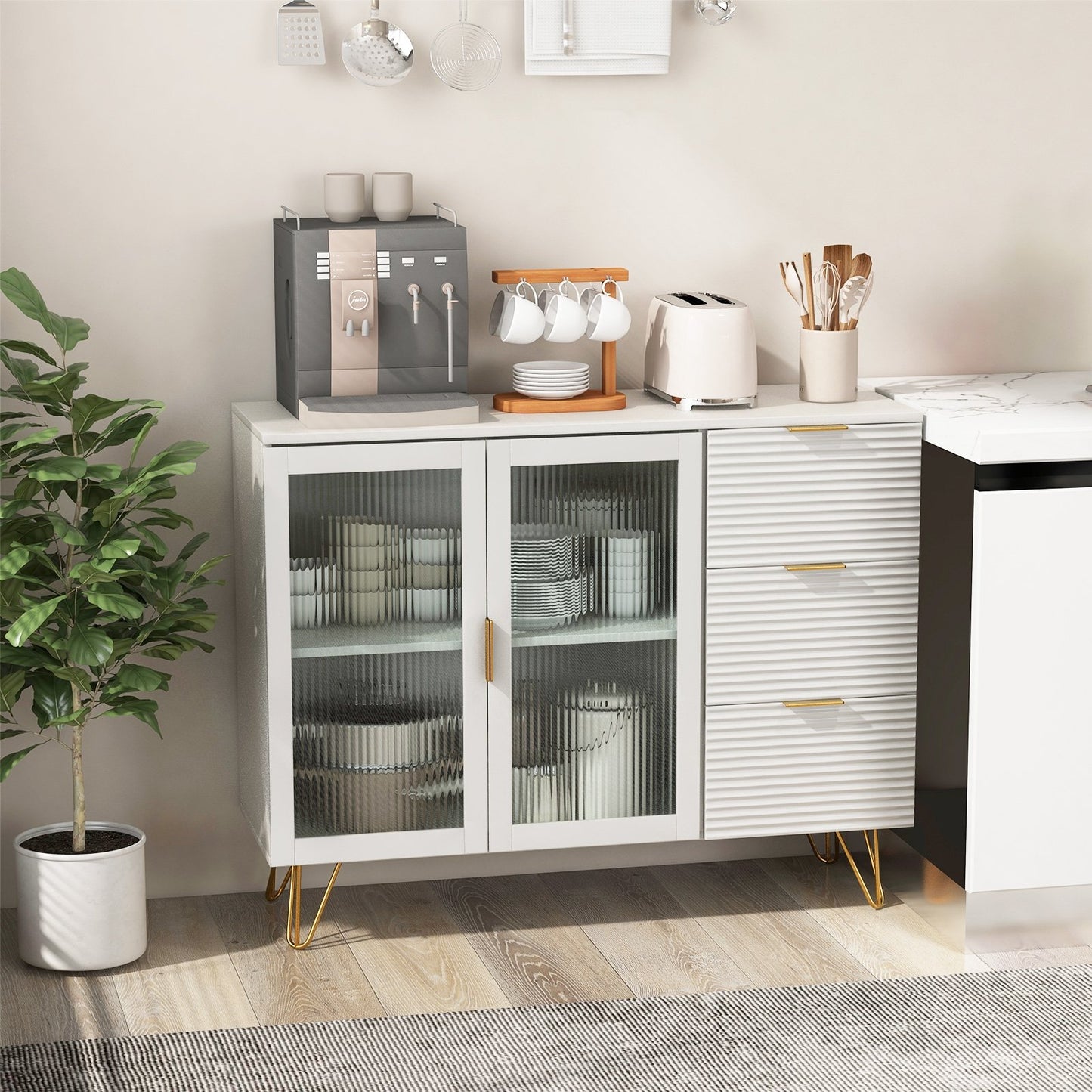 Modern Sideboard Buffet Cabinet with 2 Doors and 3 Drawers for Living Room Dining Room, White