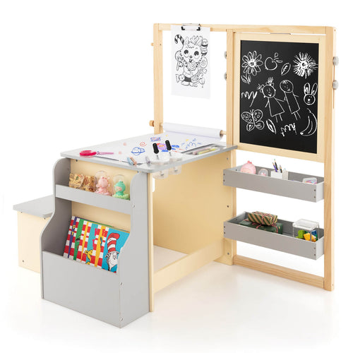 Kids Art Center Wooden Table Bench Set, Gray
