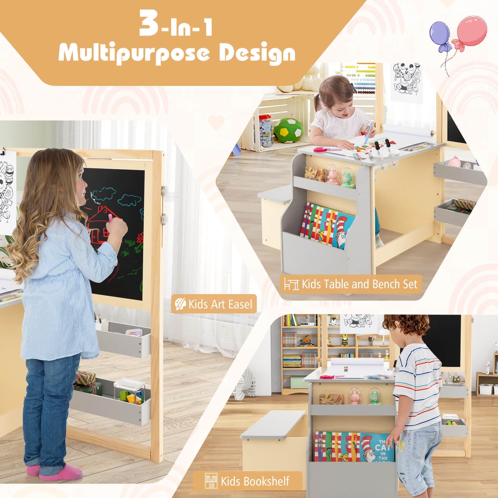 Kids Art Center Wooden Table Bench Set, Gray Kids Table & Chair Sets at Gallery Canada