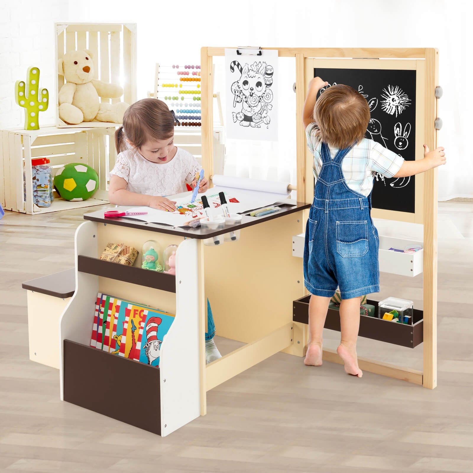 Kids Art Center Wooden Table Bench Set, Brown Kids Table & Chair Sets at Gallery Canada