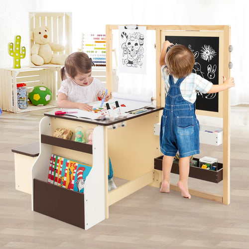 Kids Art Center Wooden Table Bench Set, Brown