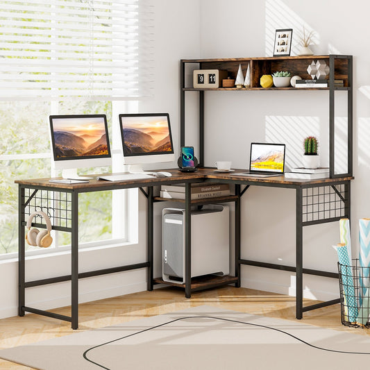 L-shaped Desk with Power Outlet Hutch, Rustic Brown - Gallery Canada