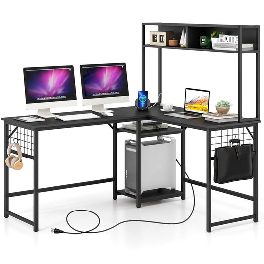 L-shaped Desk with Power Outlet Hutch, Black - Gallery Canada