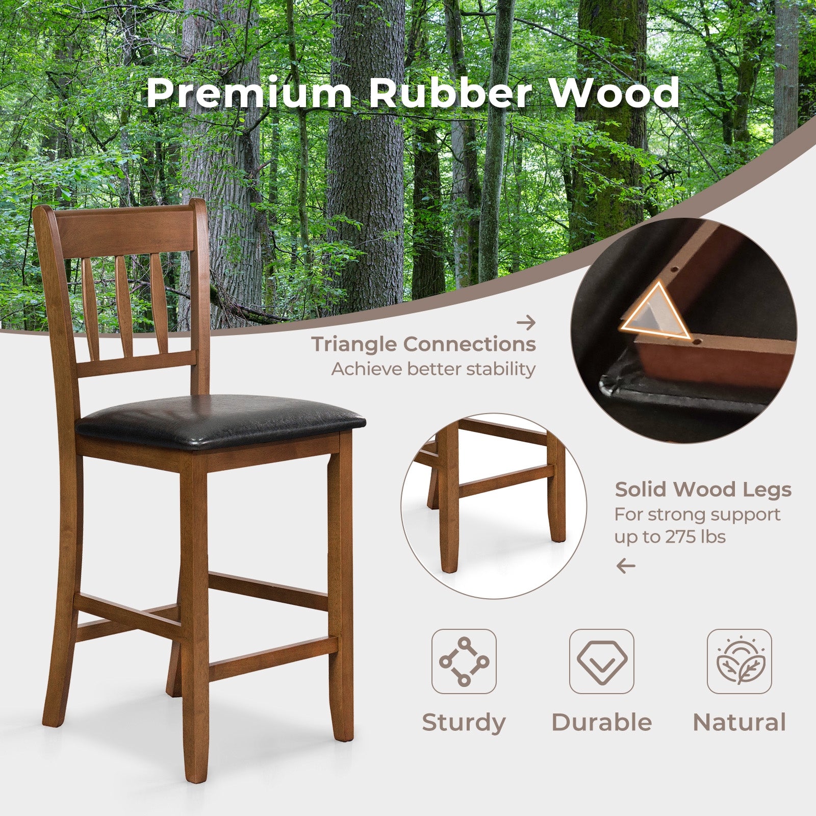 25.5 Inch Counter Height Bar Chair Set of 2 with Backrest Padded Seat, Walnut Dining Chairs at Gallery Canada