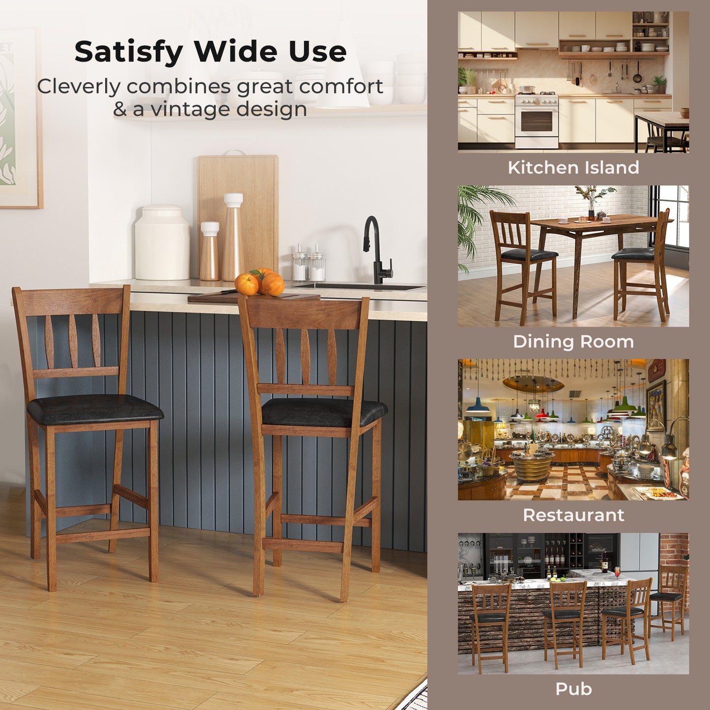 25.5 Inch Counter Height Bar Chair Set of 2 with Backrest Padded Seat, Walnut Dining Chairs at Gallery Canada