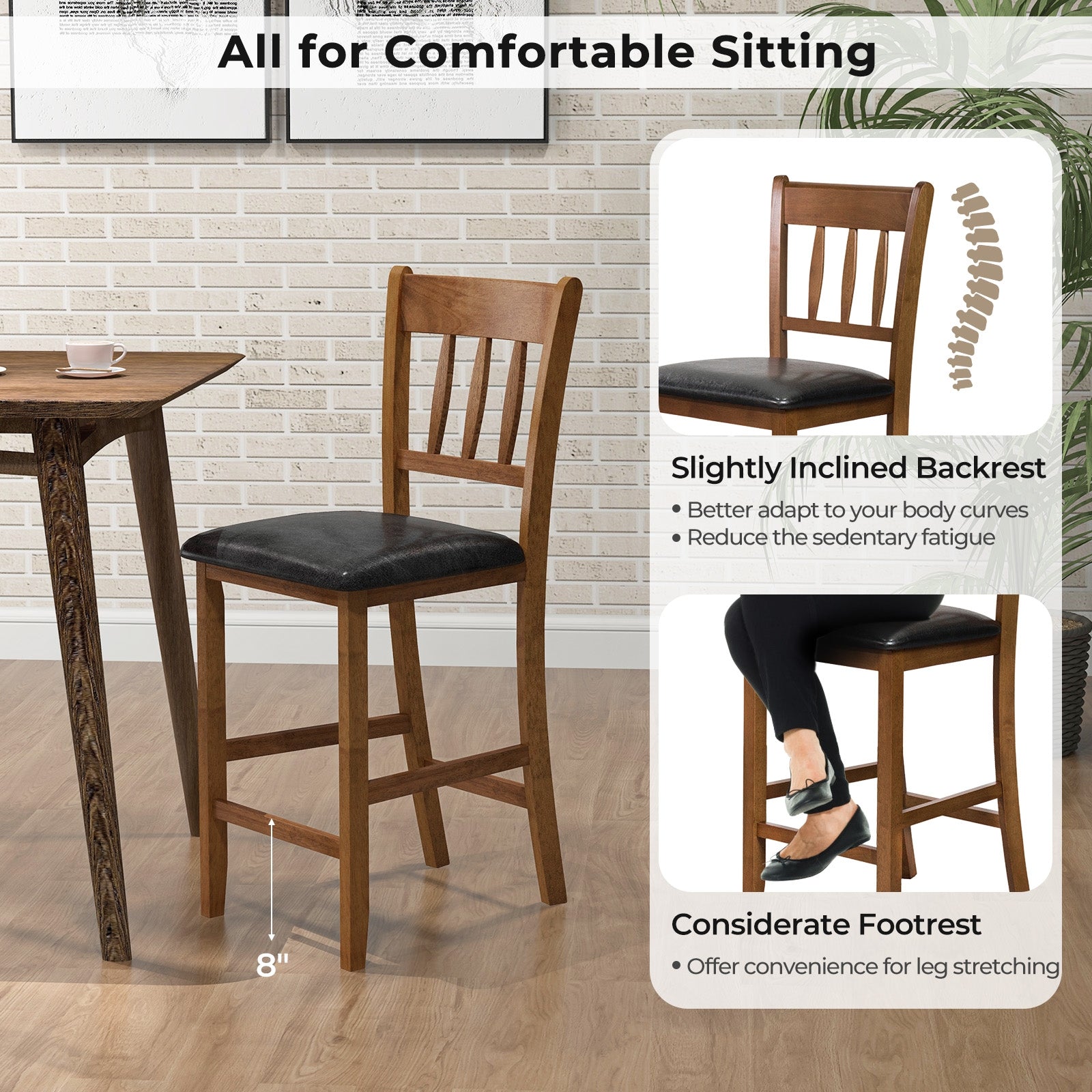 25.5 Inch Counter Height Bar Chair Set of 2 with Backrest Padded Seat, Walnut Dining Chairs at Gallery Canada