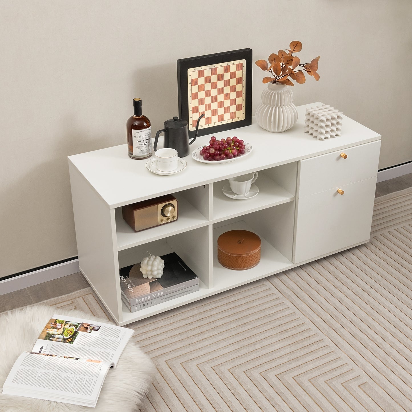 Storage Cabinet TV Console Cabinet with 2 Drawers and 4 Cubes for Entryway, White Entertainment Centers & TV Stands at Gallery Canada