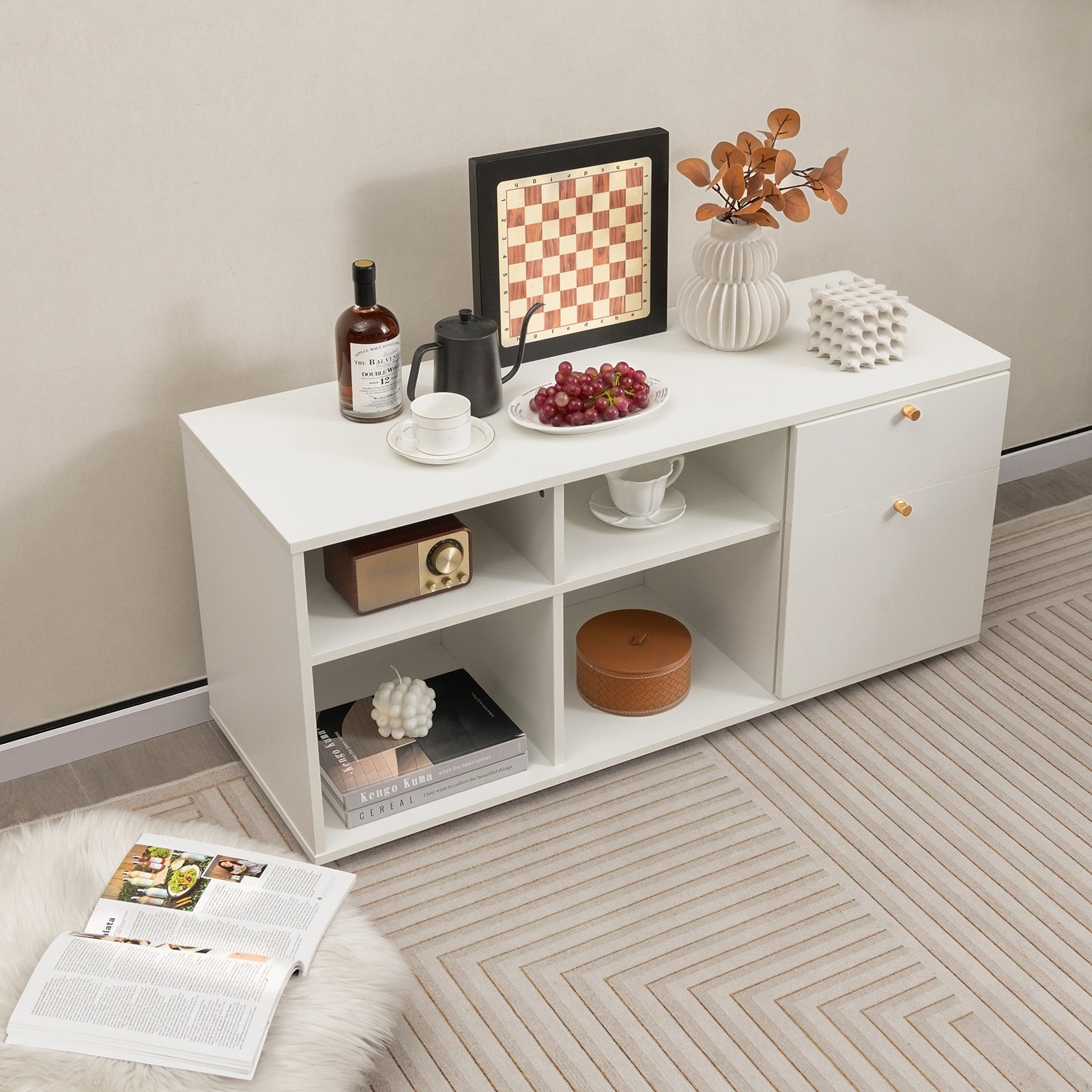 Storage Cabinet TV Console Cabinet with 2 Drawers and 4 Cubes for Entryway, White Entertainment Centers & TV Stands at Gallery Canada