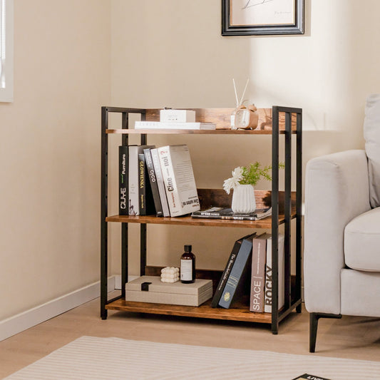 3-Tier Corner Bookcase with Adjustable Shelves and Metal Frame-Rustic Brown , Rustic Brown - Gallery Canada