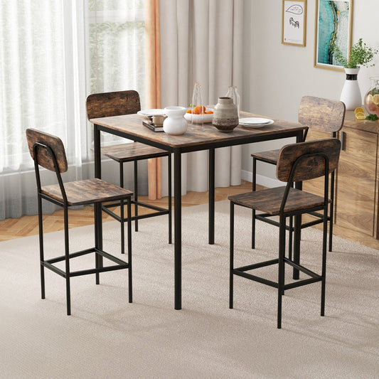 5 Pieces Industrial Dining Table Set with Counter Height Table and 4 Bar Stools, Coffee - Gallery Canada