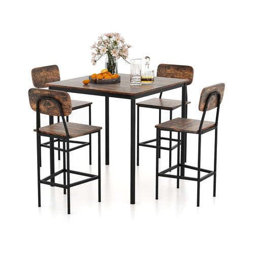 5 Pieces Industrial Dining Table Set with Counter Height Table and 4 Bar Stools, Coffee