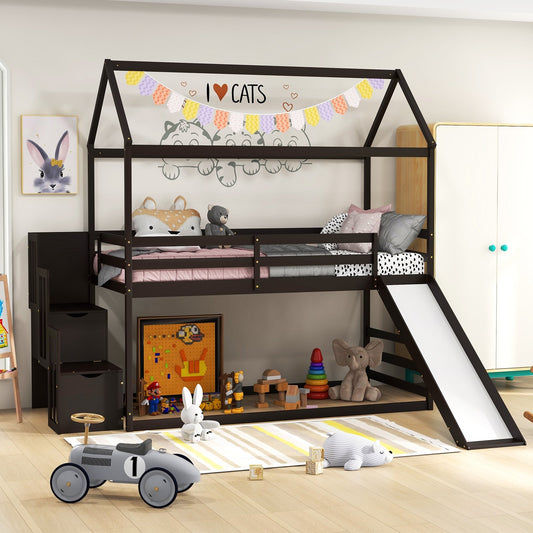 Twin over Twin Bunk Bed with Slide and 2-Step Storage Staircase, Espresso - Gallery Canada